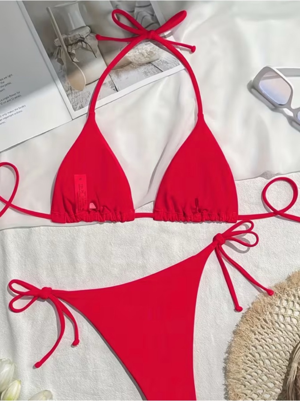 Source Unknown Red Tie-String Triangle Bikini Set - Women Swim